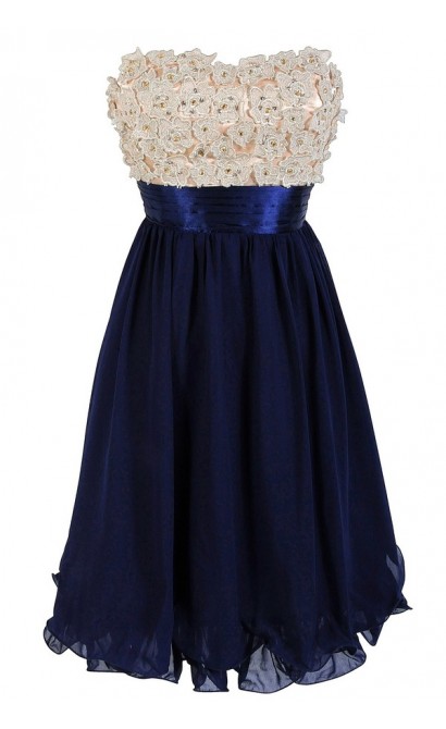 3-Dimensional Floral Applique Embellished Designer Dress in Cream/Navy